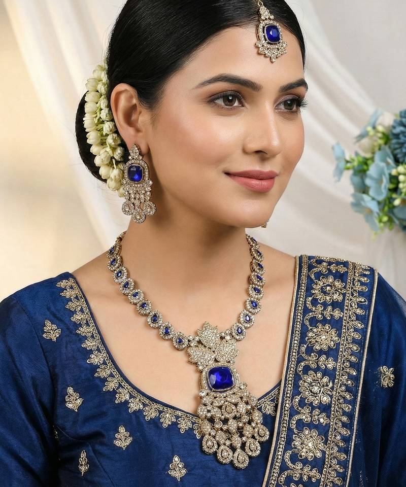 Blue yellow gold premium designer american diamond and stone work necklace set