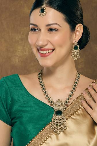 Green yellow gold premium designer american diamond and stone work necklace set