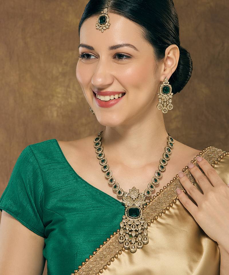 Green yellow gold premium designer american diamond and stone work necklace set