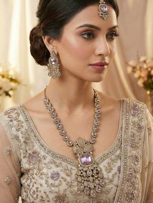 Purple yellow gold premium designer american diamond and stone work necklace set 1