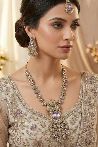 Purple yellow gold premium designer american diamond and stone work necklace set
