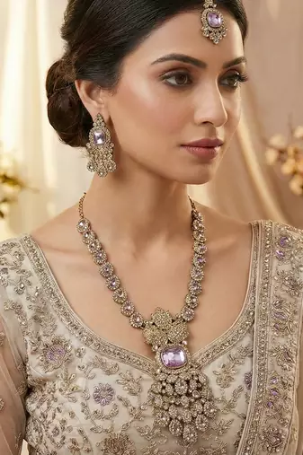 Purple yellow gold premium designer american diamond and stone work necklace set