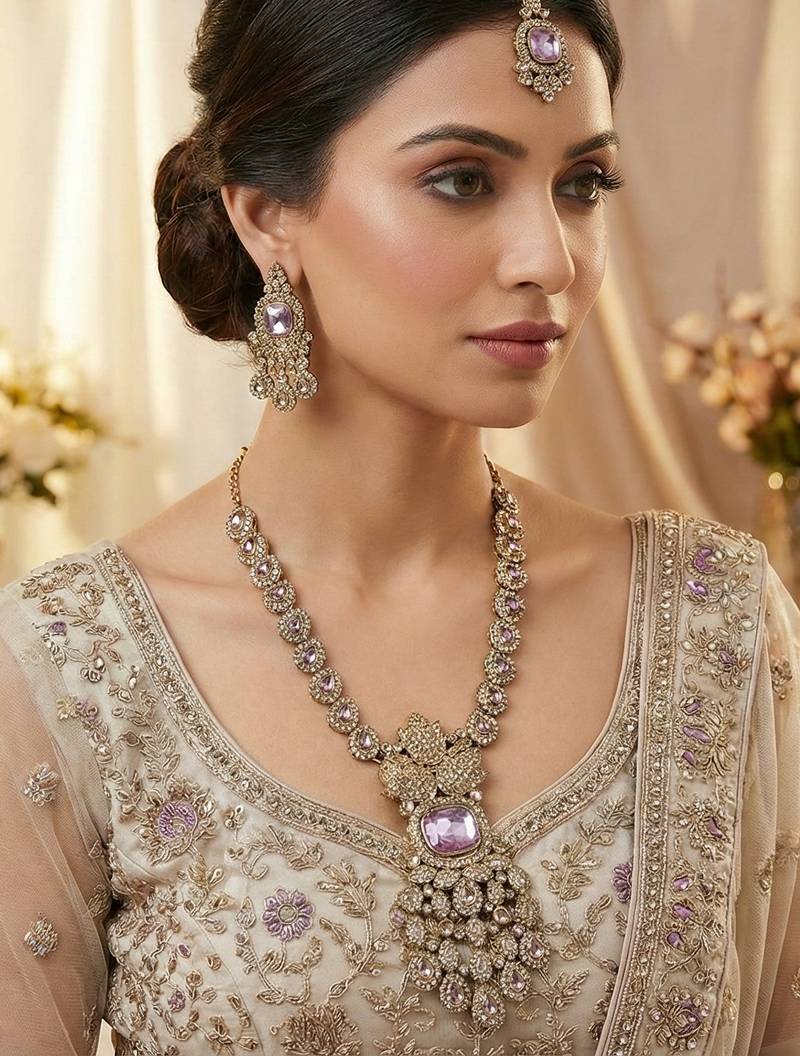 Purple yellow gold premium designer american diamond and stone work necklace set