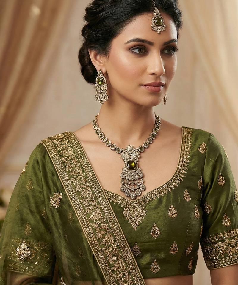 Green yellow gold premium designer american diamond and stone work necklace set