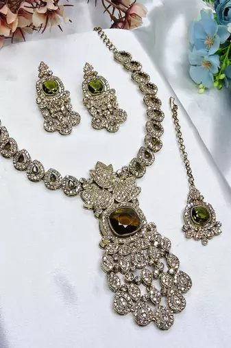 Green yellow gold premium designer american diamond and stone work necklace set