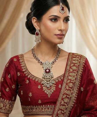 Maroon yellow gold premium designer american diamond and stone work necklace set 1
