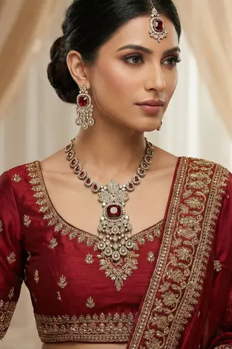 Maroon yellow gold premium designer american diamond and stone work necklace set