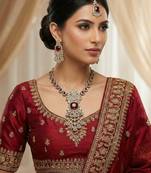 Maroon yellow gold premium designer american diamond and stone work necklace set