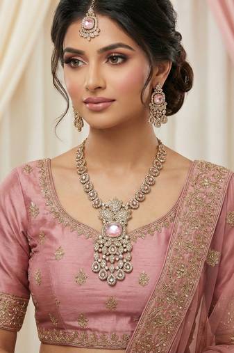 Pink yellow gold premium designer american diamond and stone work necklace set