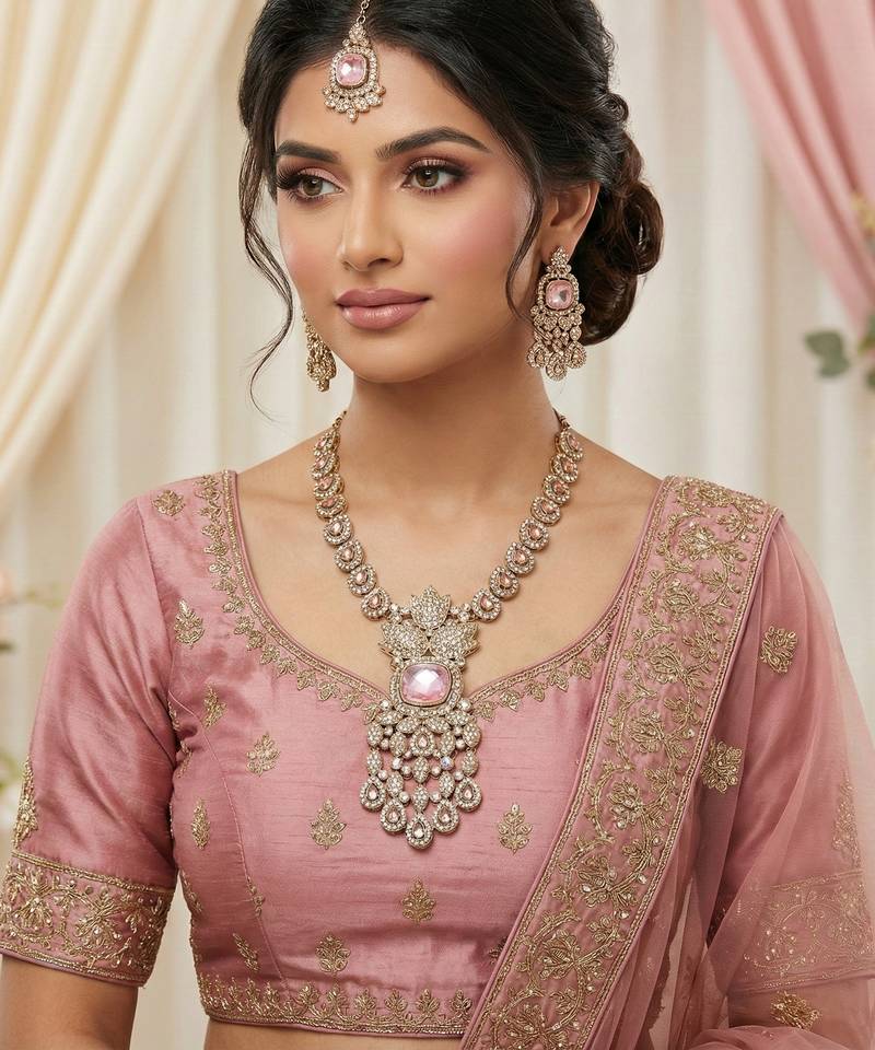 Pink yellow gold premium designer american diamond and stone work necklace set