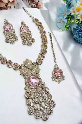 Pink yellow gold premium designer american diamond and stone work necklace set