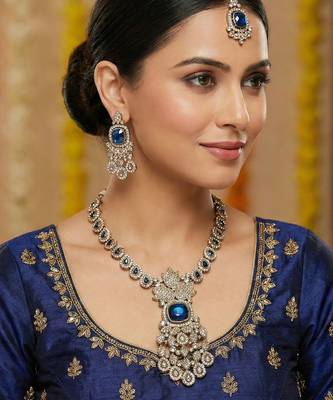 Blue yellow gold premium designer american diamond and stone work necklace set 1