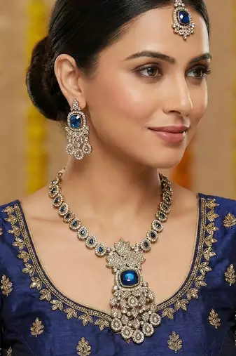 Blue yellow gold premium designer american diamond and stone work necklace set