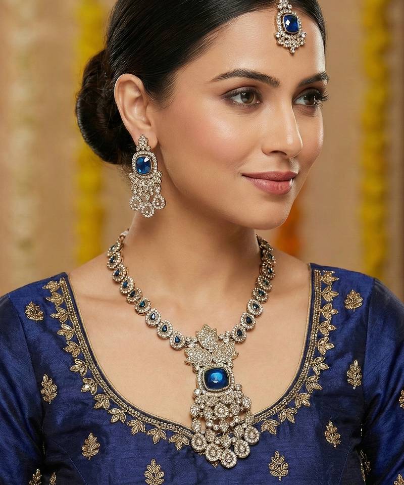 Blue yellow gold premium designer american diamond and stone work necklace set