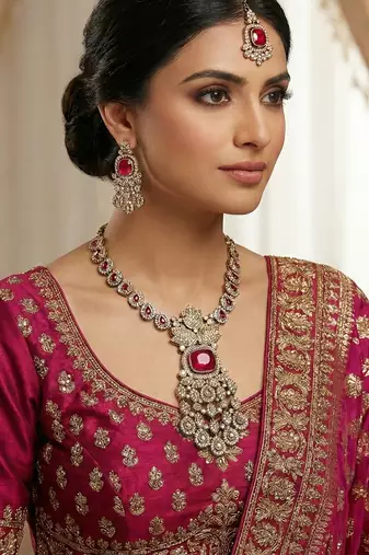 Pink yellow gold premium designer american diamond and stone work necklace set