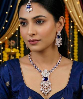Blue rose gold premium designer american diamond and stone work necklace set 1