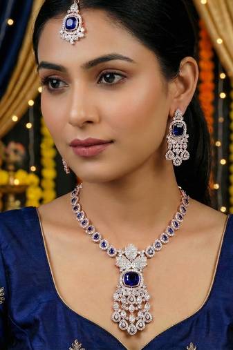 Blue rose gold premium designer american diamond and stone work necklace set