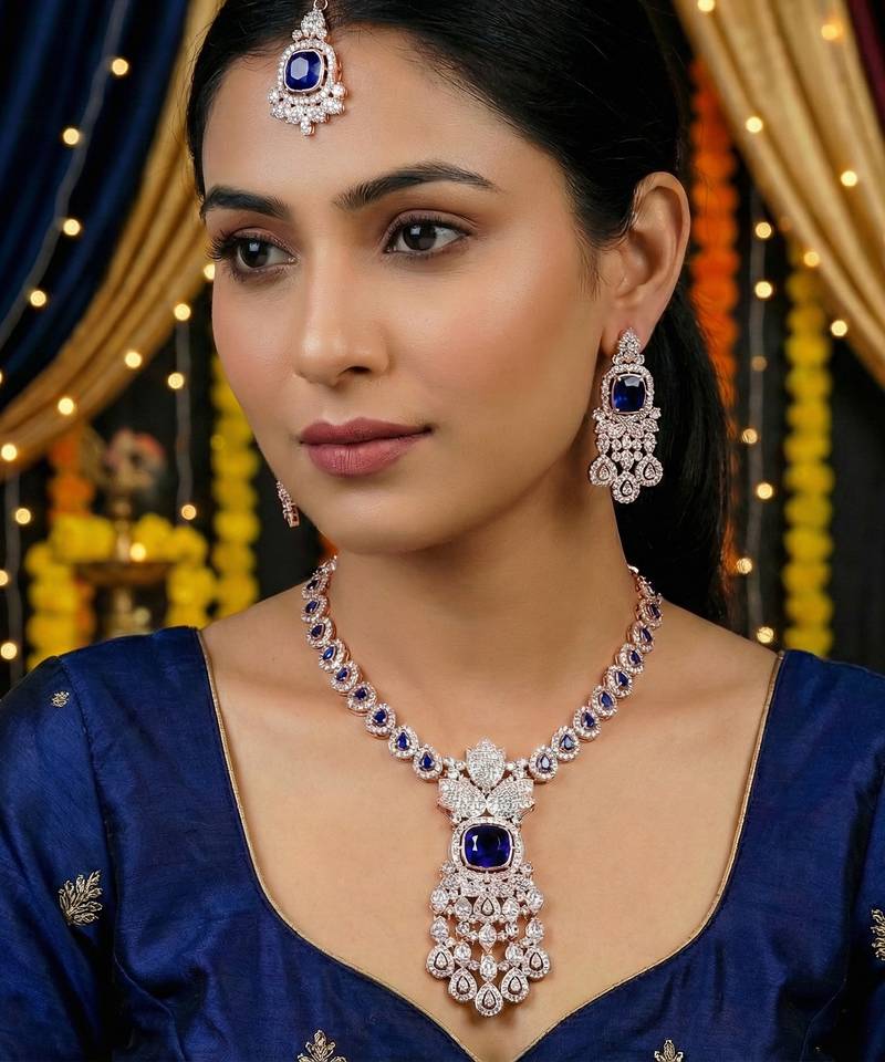 Blue rose gold premium designer american diamond and stone work necklace set