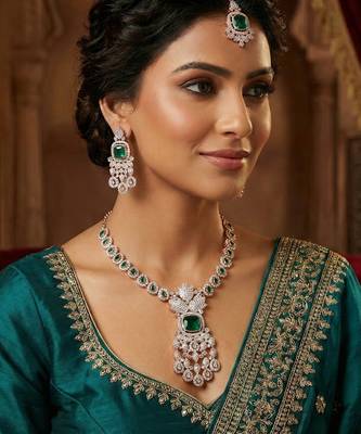 Green rose gold premium designer american diamond and stone work necklace set 1