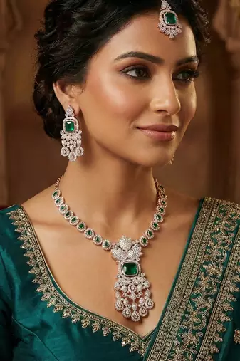 Green rose gold premium designer american diamond and stone work necklace set