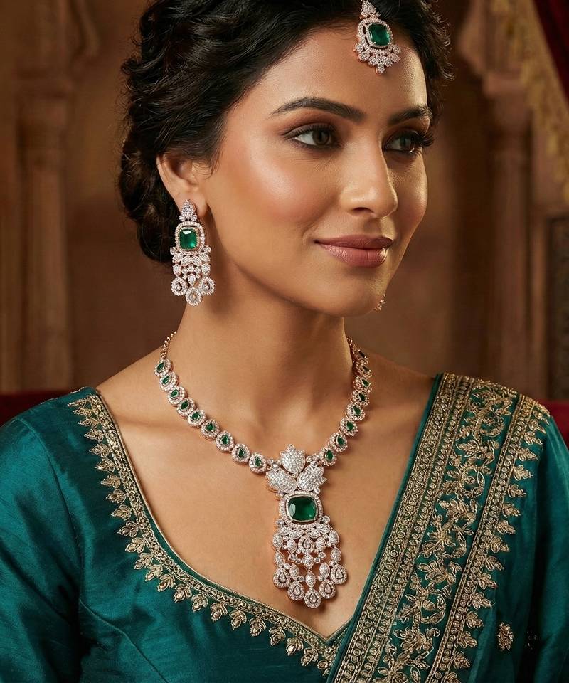 Green rose gold premium designer american diamond and stone work necklace set