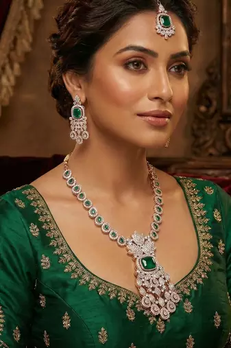 Green rose gold premium designer american diamond and stone work necklace set