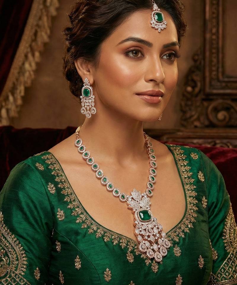 Green rose gold premium designer american diamond and stone work necklace set