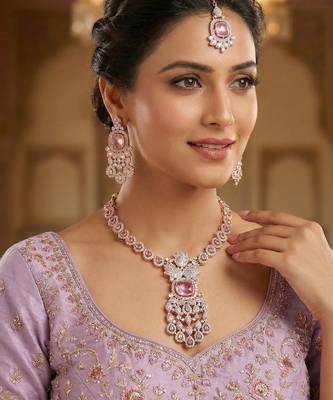 Purple rose gold premium designer american diamond and stone work necklace set 1