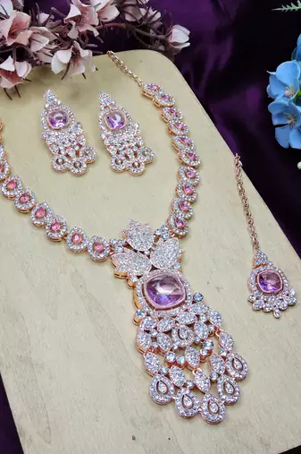 Purple rose gold premium designer american diamond and stone work necklace set