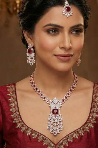 Maroon rose gold premium designer american diamond and stone work necklace set