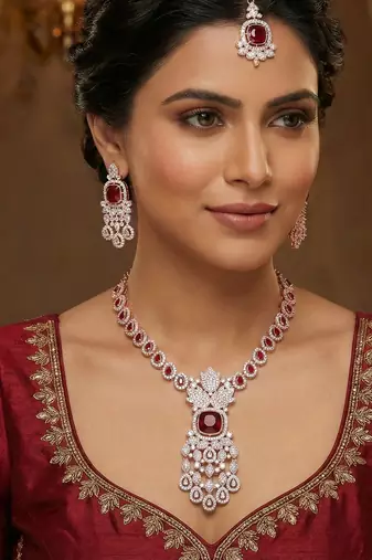 Maroon rose gold premium designer american diamond and stone work necklace set