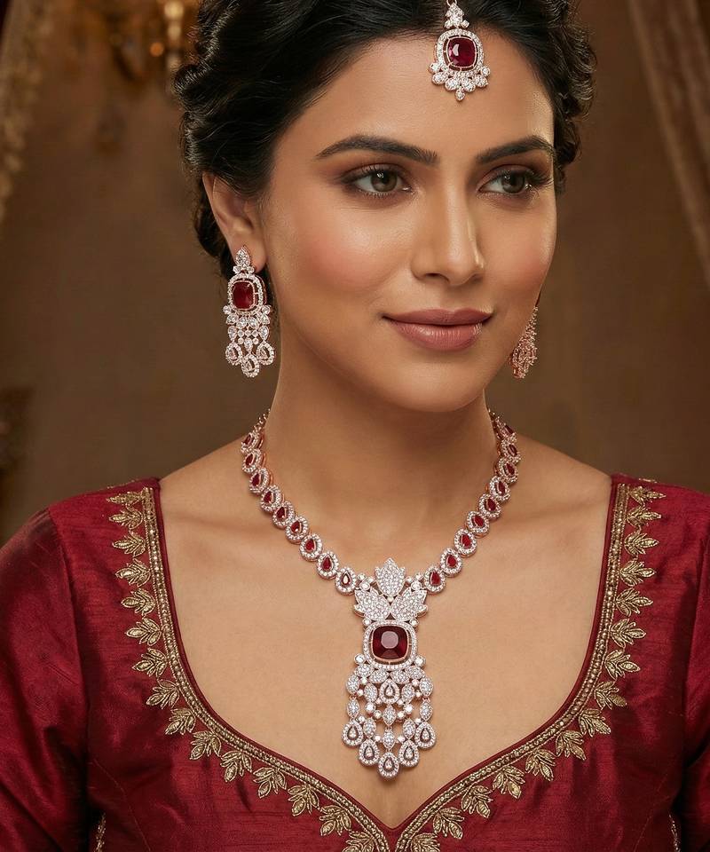 Maroon rose gold premium designer american diamond and stone work necklace set