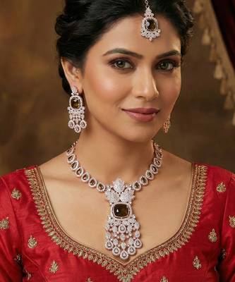 Green rose gold premium designer american diamond and stone work necklace set 1