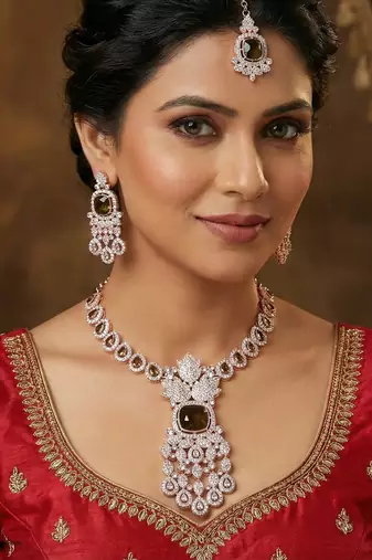 Green rose gold premium designer american diamond and stone work necklace set
