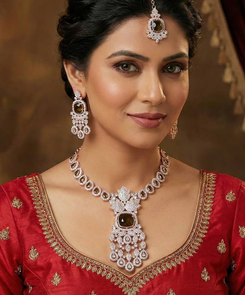 Green rose gold premium designer american diamond and stone work necklace set