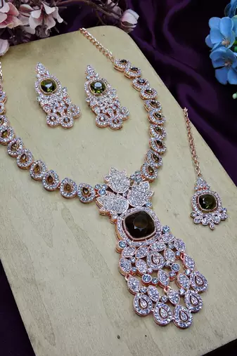 Green rose gold premium designer american diamond and stone work necklace set