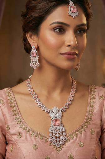 Pink rose gold premium designer american diamond and stone work necklace set