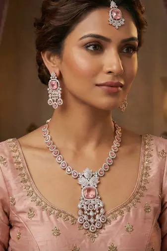 Pink rose gold premium designer american diamond and stone work necklace set