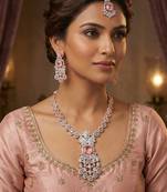 Pink rose gold premium designer american diamond and stone work necklace set