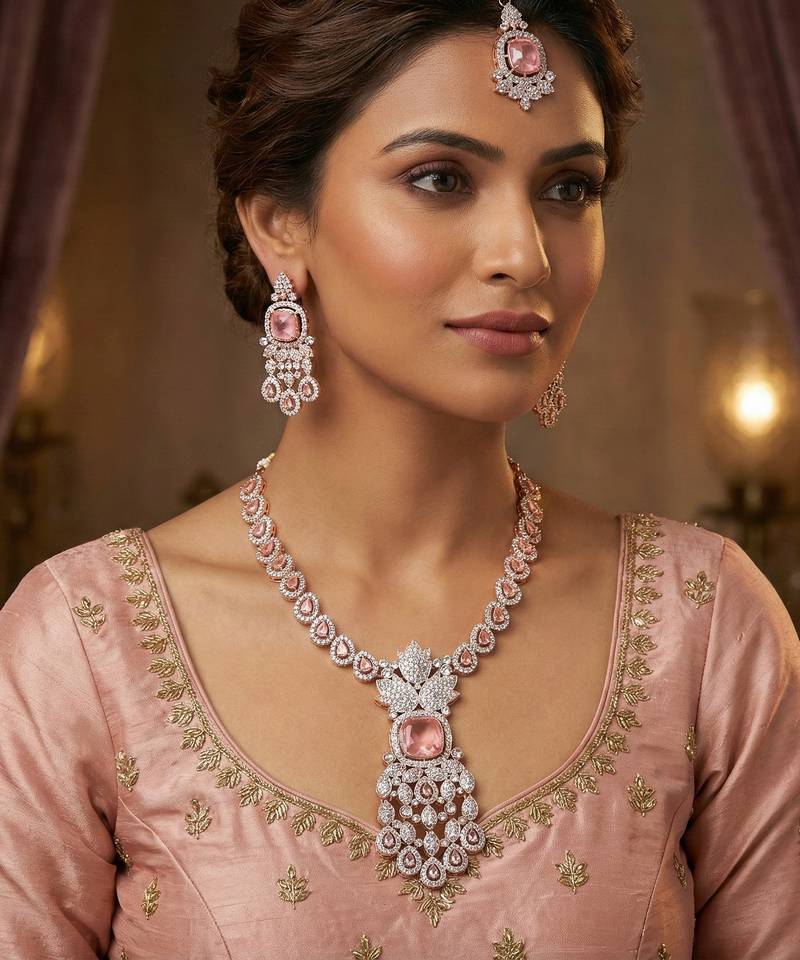 Pink rose gold premium designer american diamond and stone work necklace set