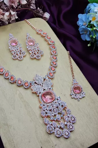 Pink rose gold premium designer american diamond and stone work necklace set