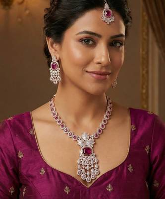 Purple rose gold premium designer american diamond and stone work necklace set 1