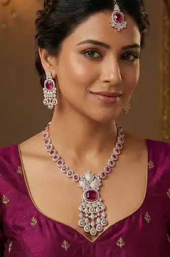 Purple rose gold premium designer american diamond and stone work necklace set