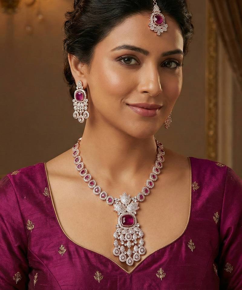 Purple rose gold premium designer american diamond and stone work necklace set