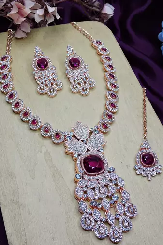 Purple rose gold premium designer american diamond and stone work necklace set