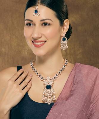 Blue rose gold premium designer american diamond and stone work necklace set 1
