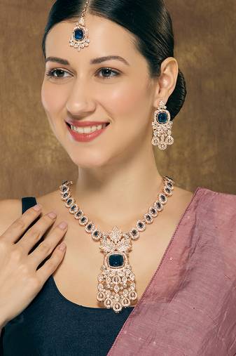 Blue rose gold premium designer american diamond and stone work necklace set