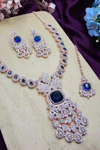 Blue rose gold premium designer american diamond and stone work necklace set