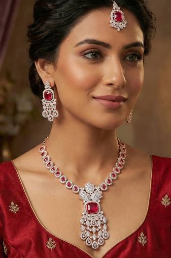 Pink rose gold premium designer american diamond and stone work necklace set