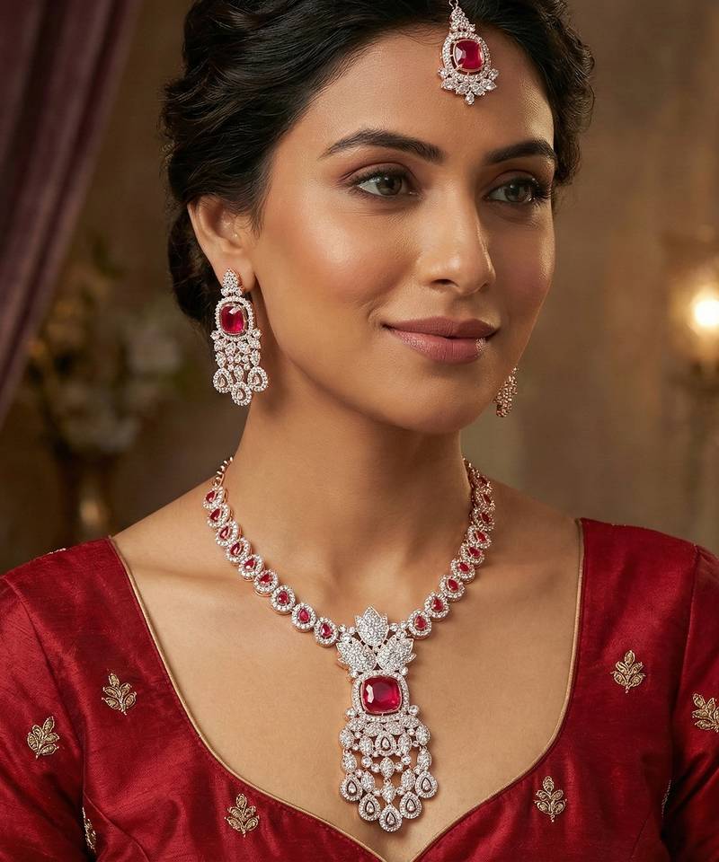 Pink rose gold premium designer american diamond and stone work necklace set